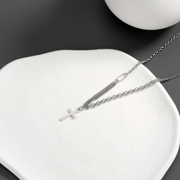 NEW Silver Clavicle Chain Double Cross Necklace - Picture 5 of 8